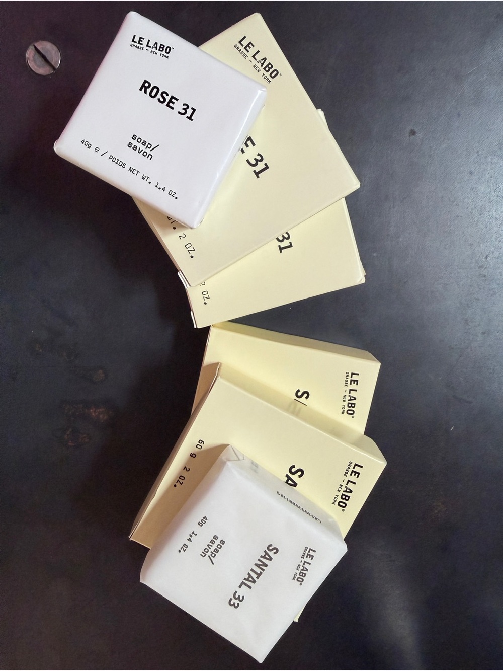 Le Labo Rose 31 & Santal 33 Hand Soap Bars - White & Pale Yellow Packaging